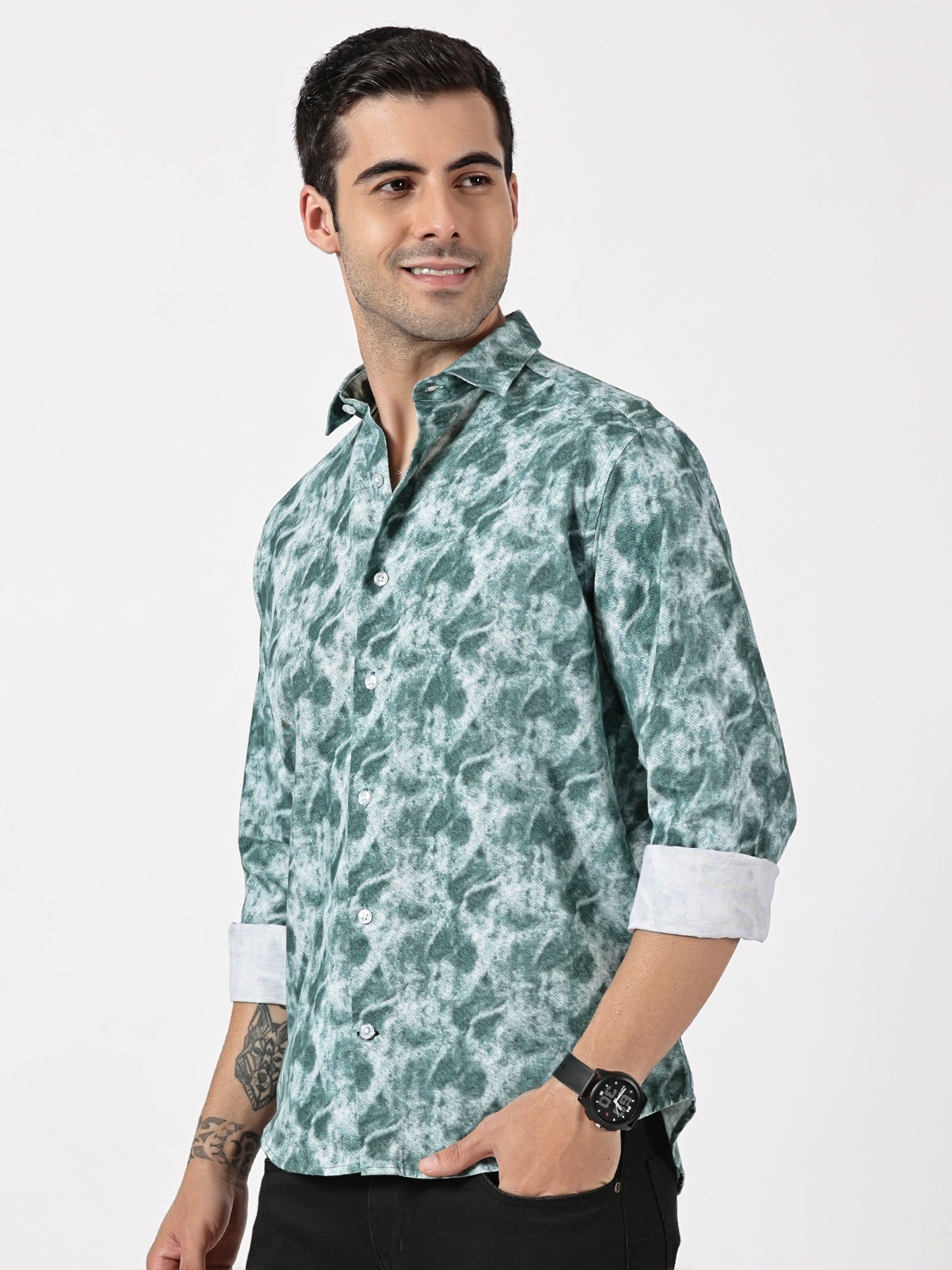 Green Cloud Print Casual Shirt