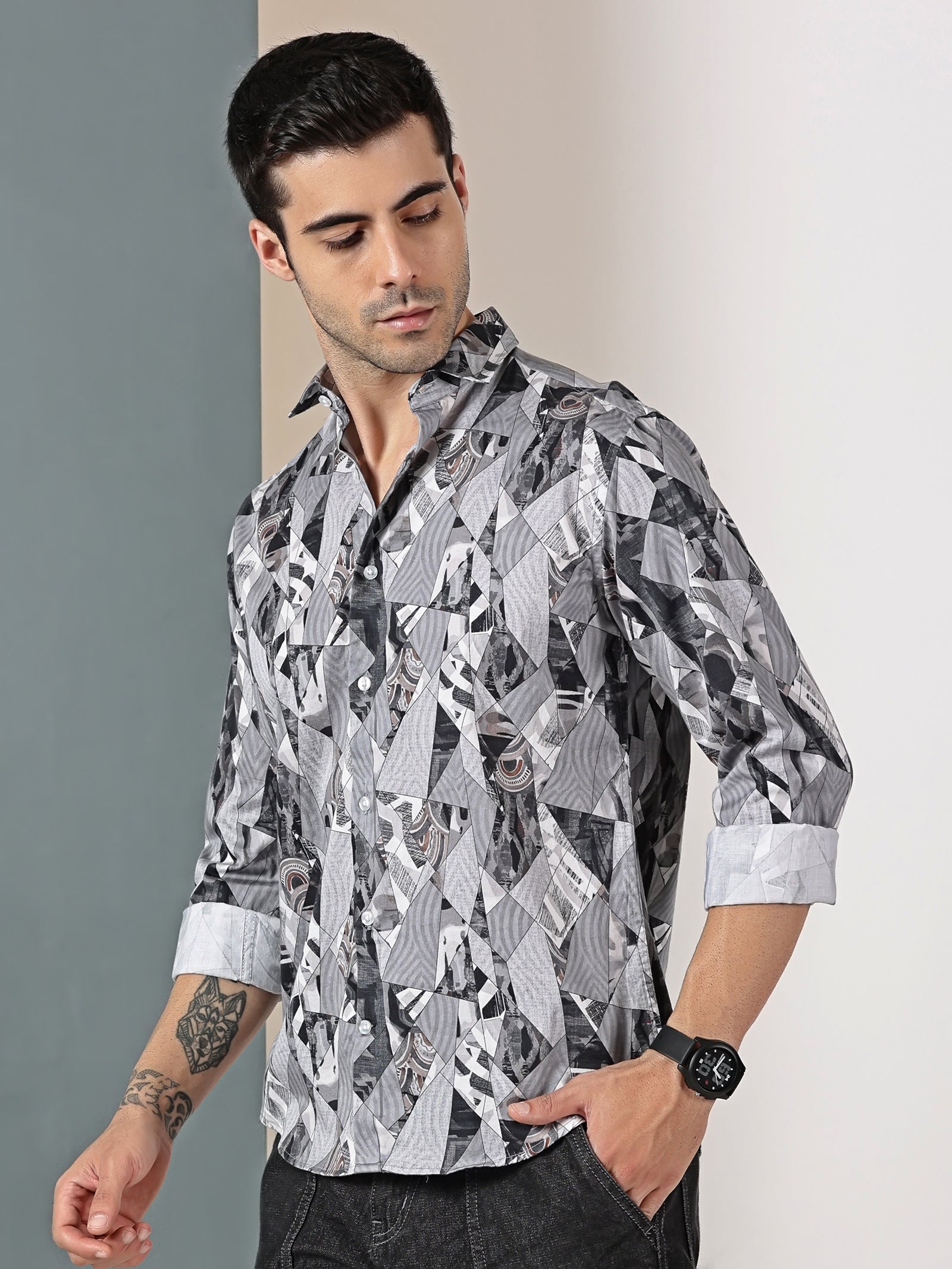 Geometric Grey Printed Shirt