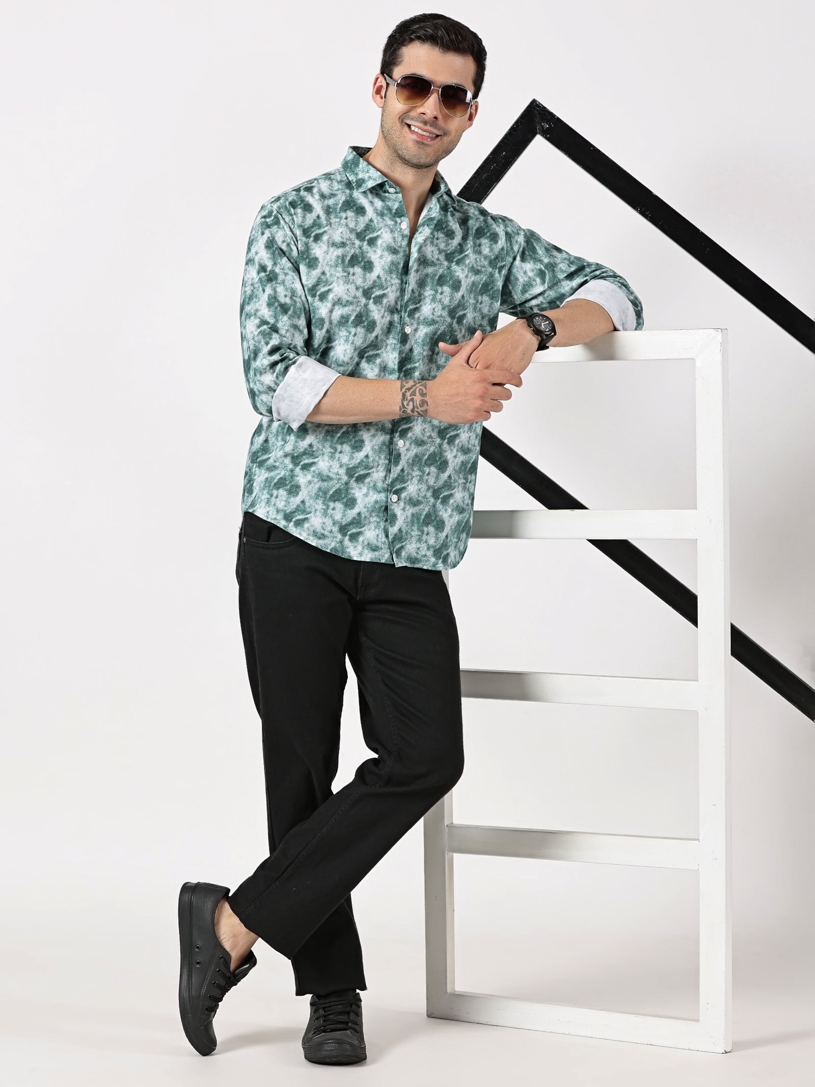 Green Cloud Print Casual Shirt