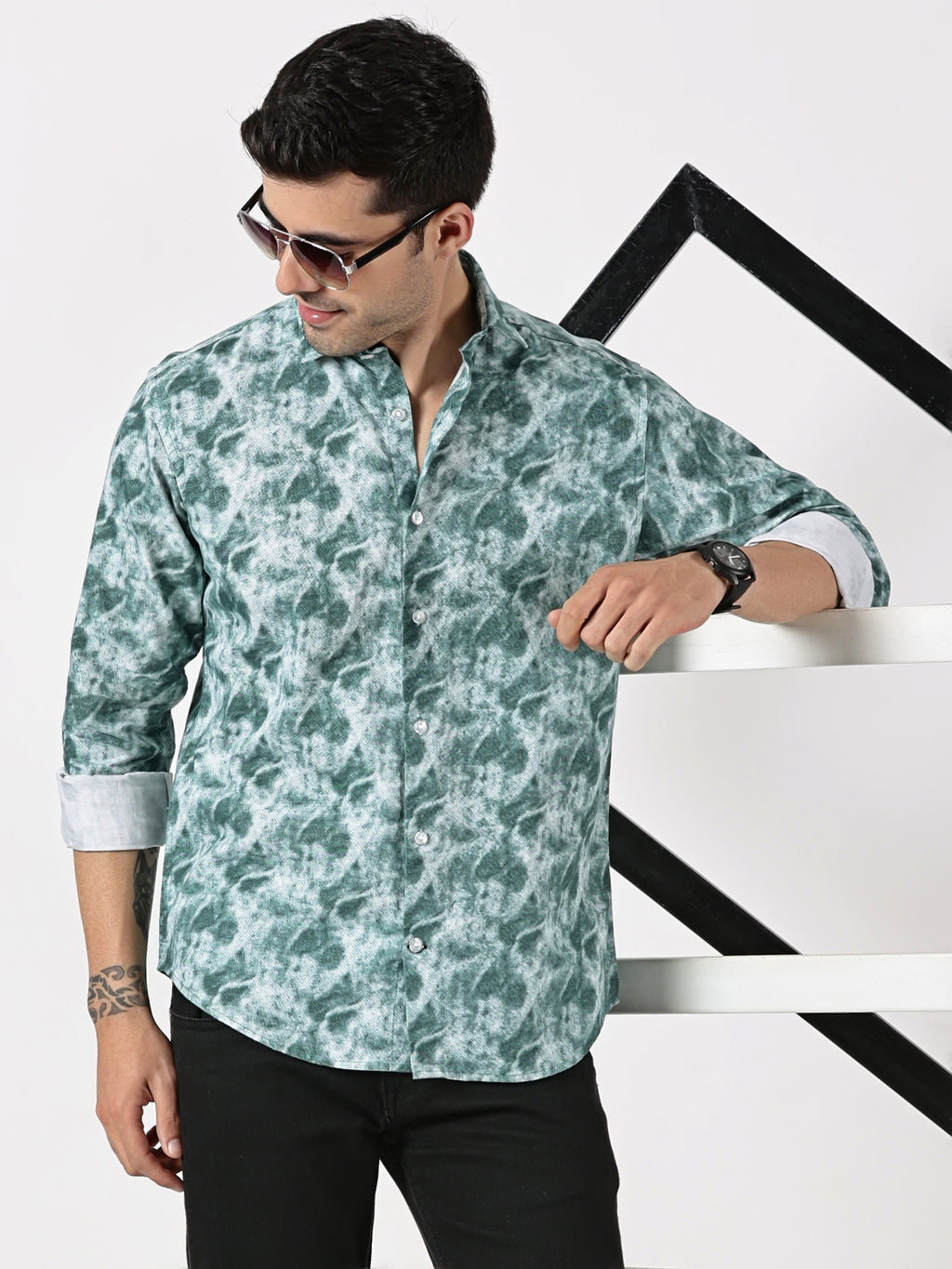 Green Cloud Print Casual Shirt