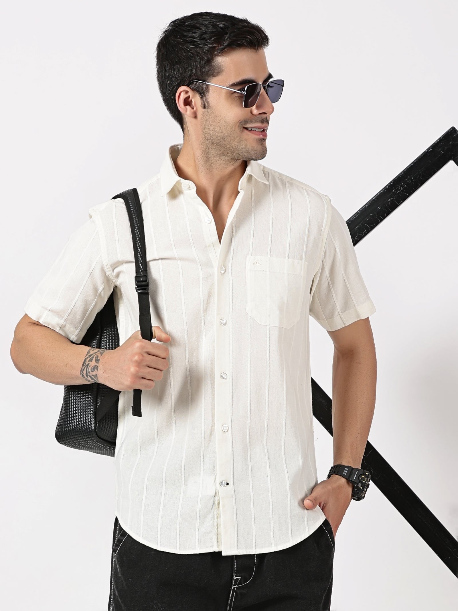 White Striped Half Sleeve Shirt