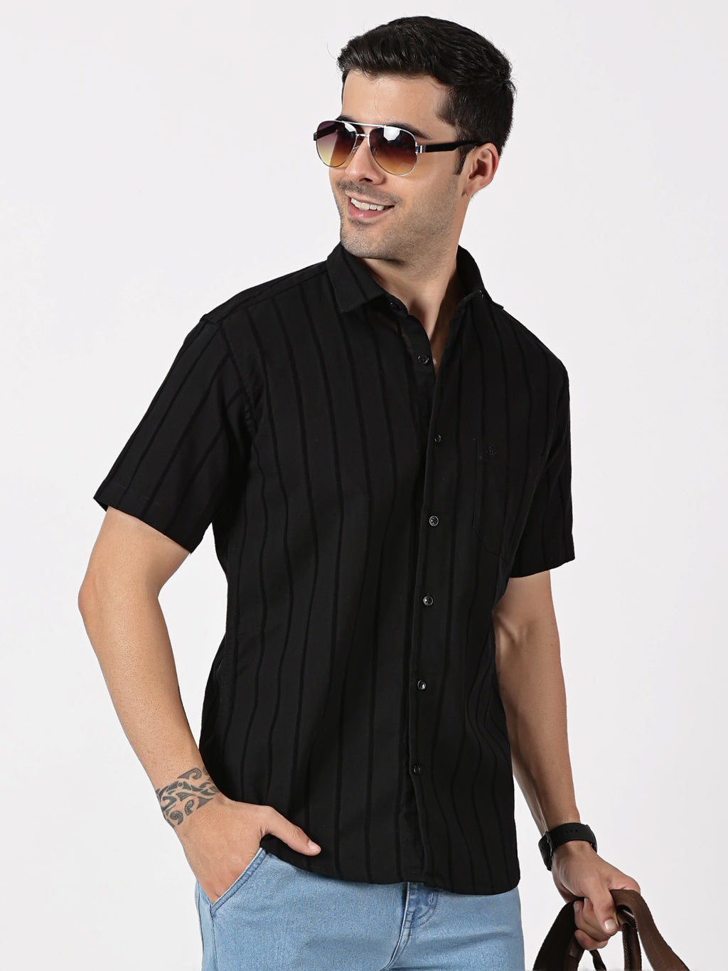 Black Striped Half Sleeve Shirt