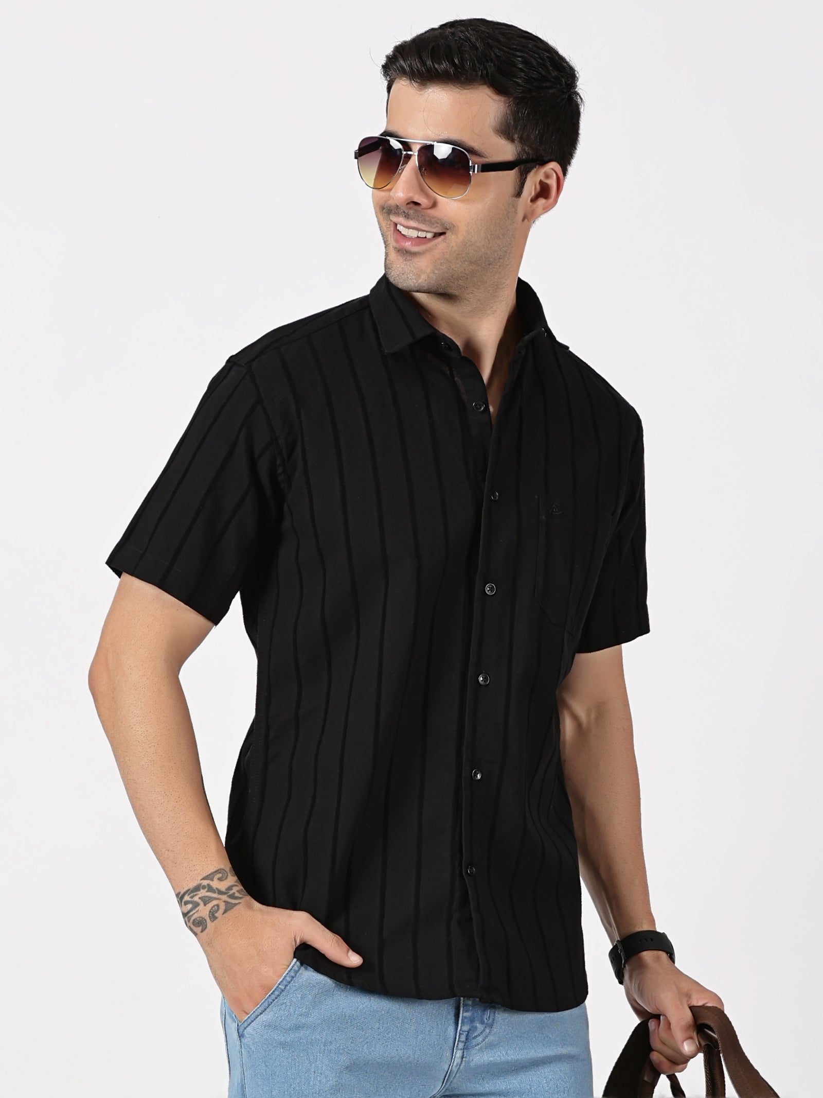 Black Striped Half Sleeve Shirt