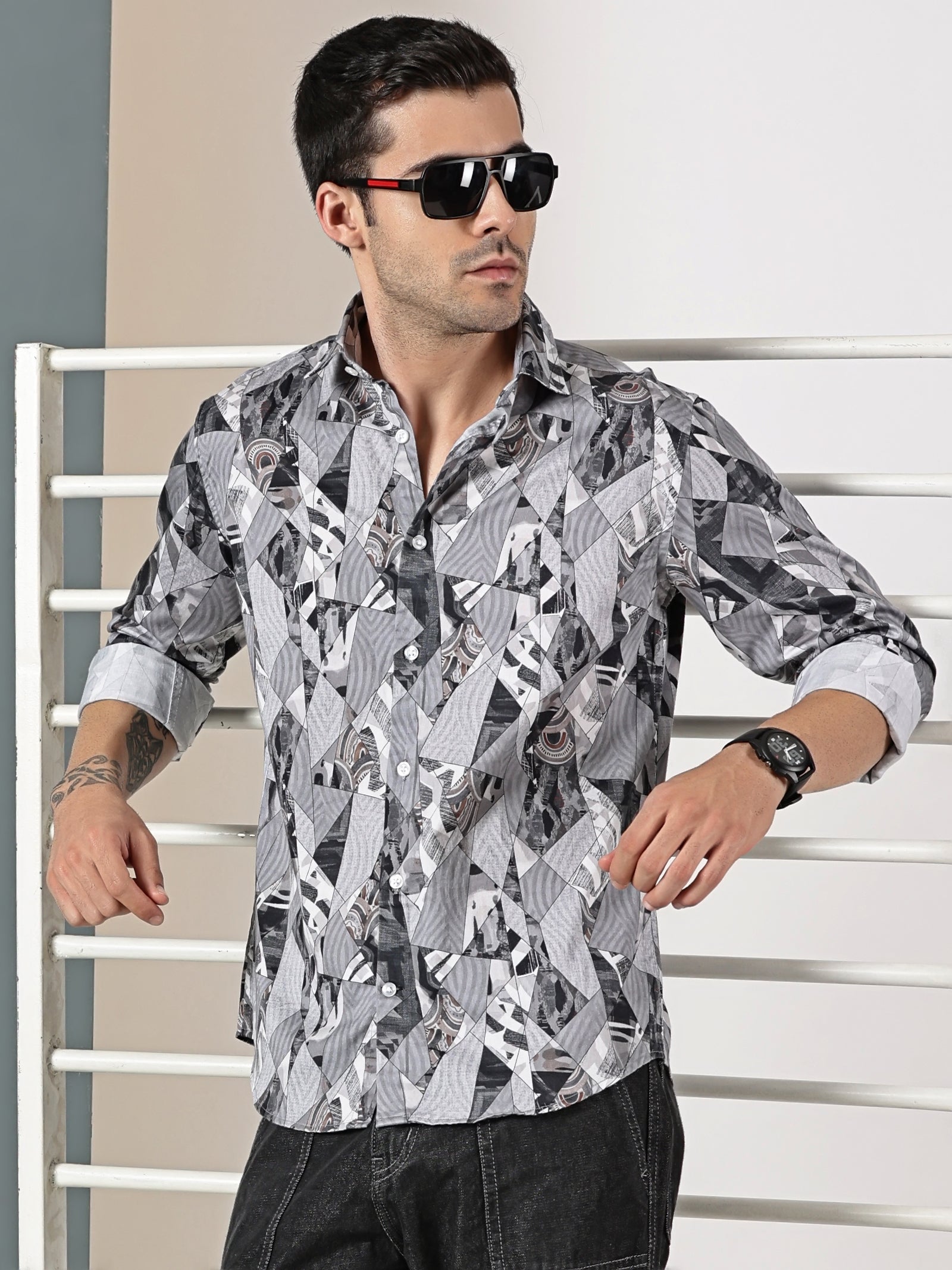 Geometric Grey Printed Shirt