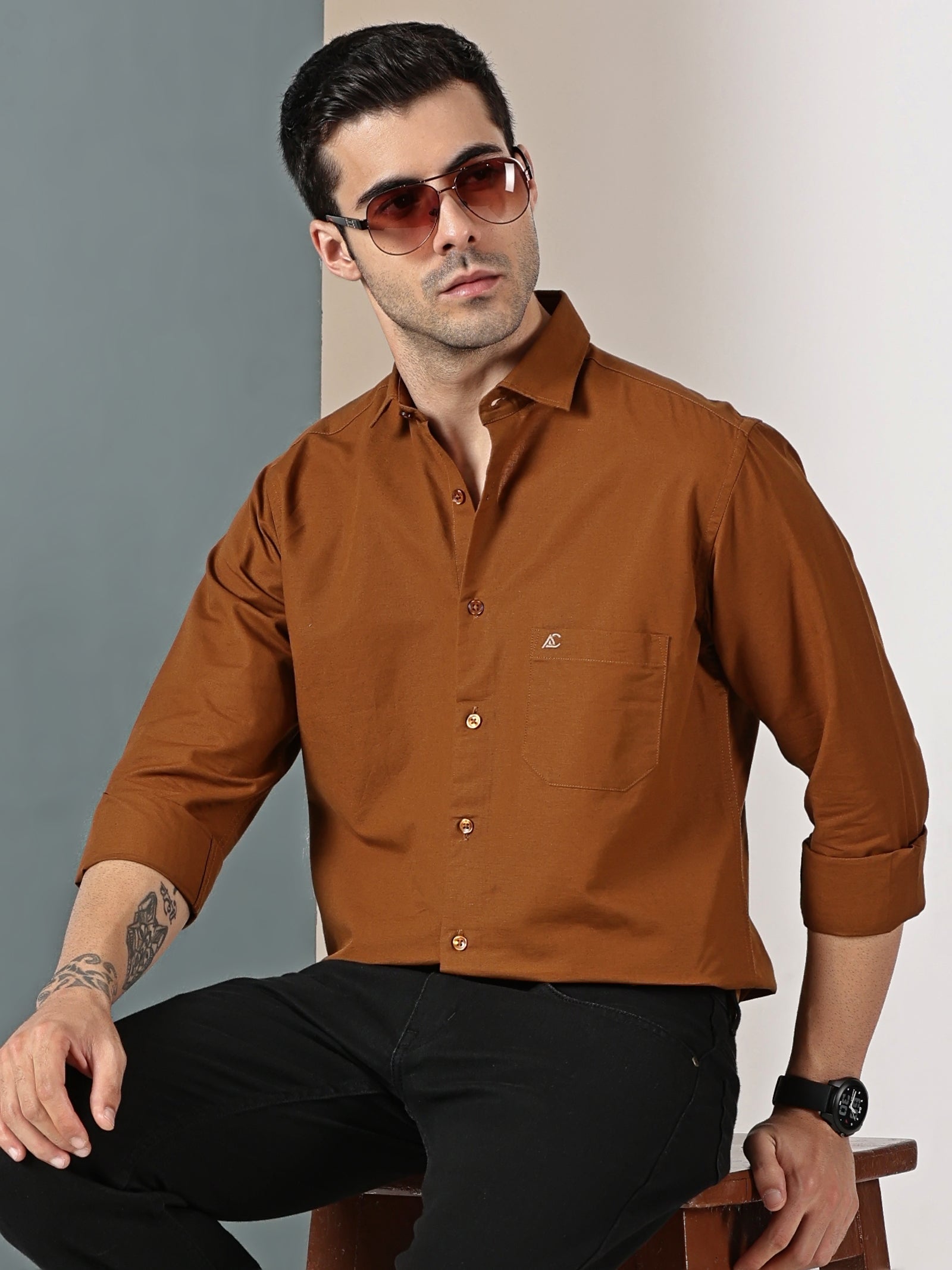 Rust Brown Solid Casual Shirt
